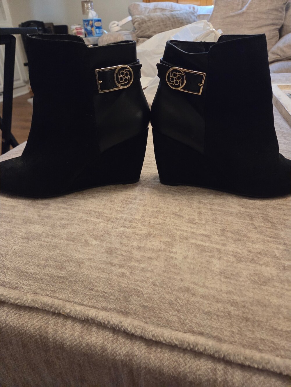 Liz Clairborne Black Wedge Ankle Boots with Gold Accent